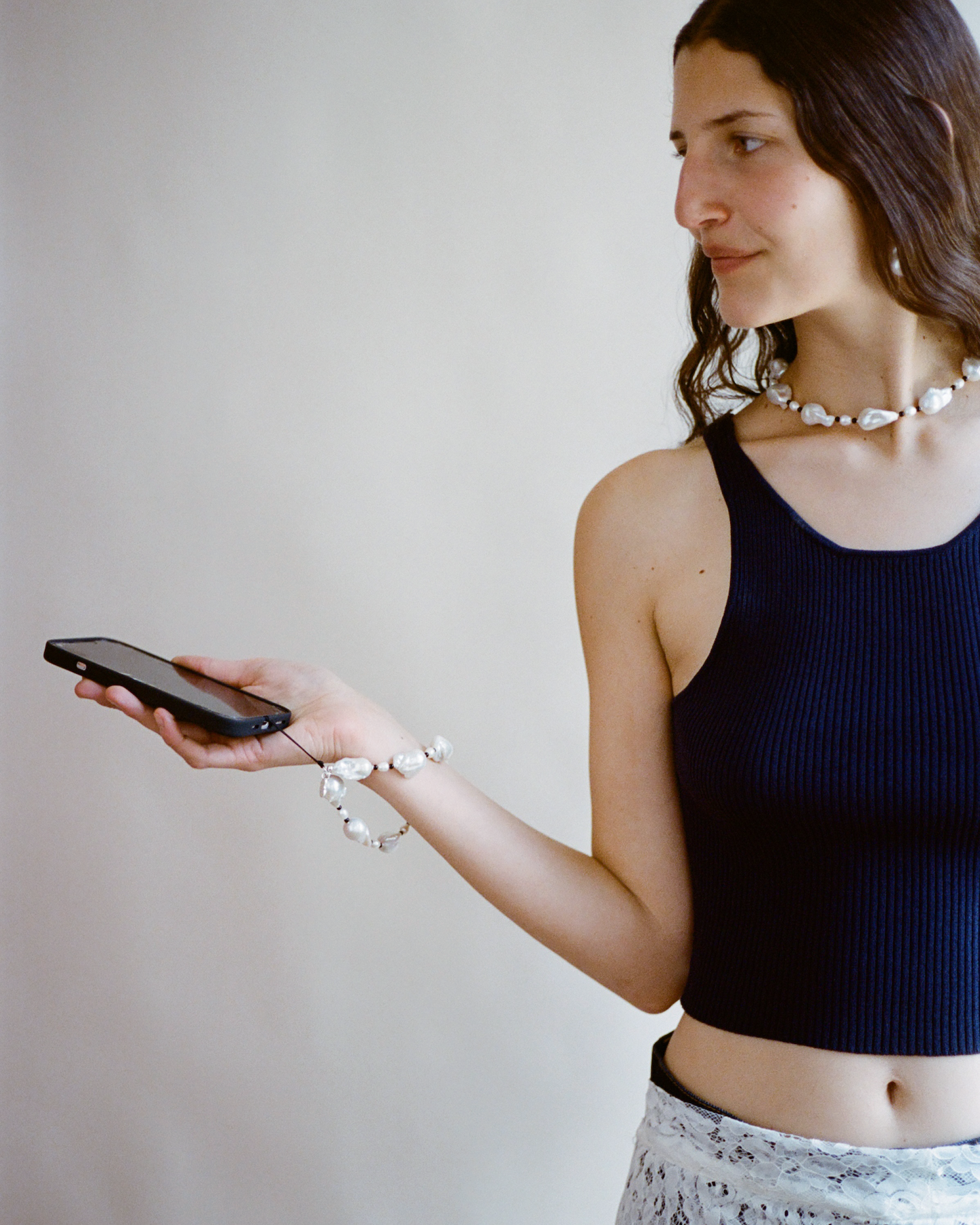 Phone Charm, Wristlet - Baroque Pearl with Beads, White