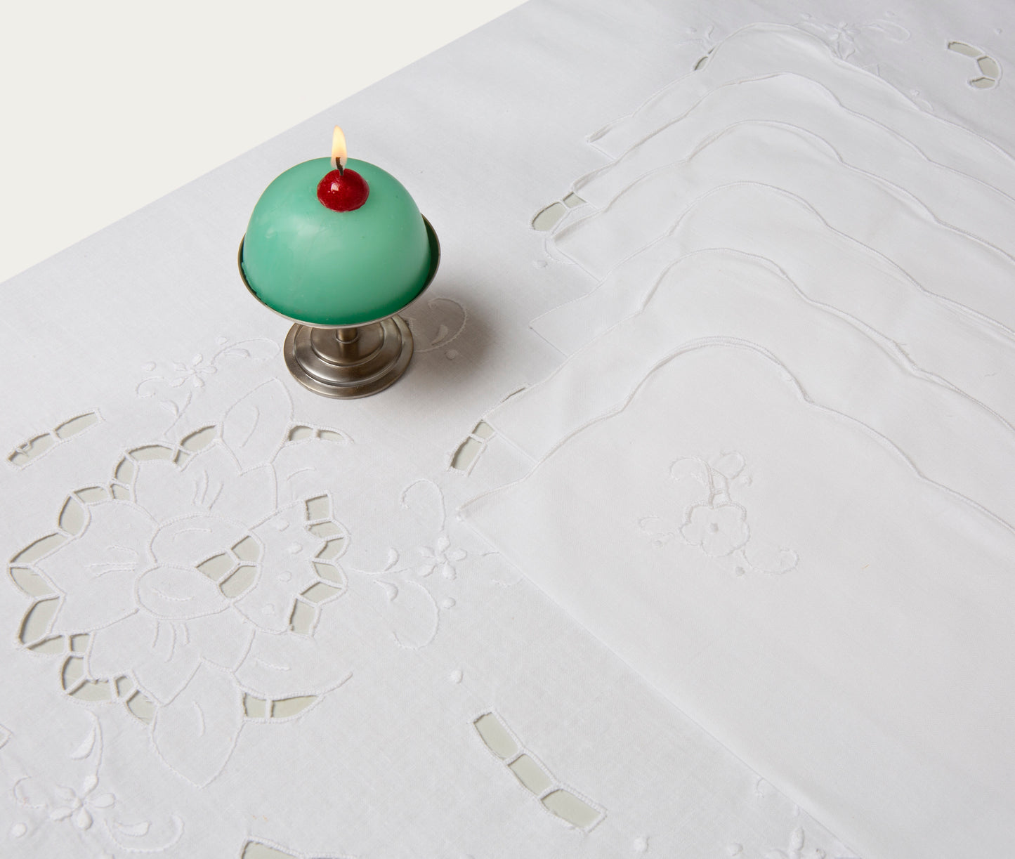 Embroidered Lace Tablecloth with Six Napkins, Rose