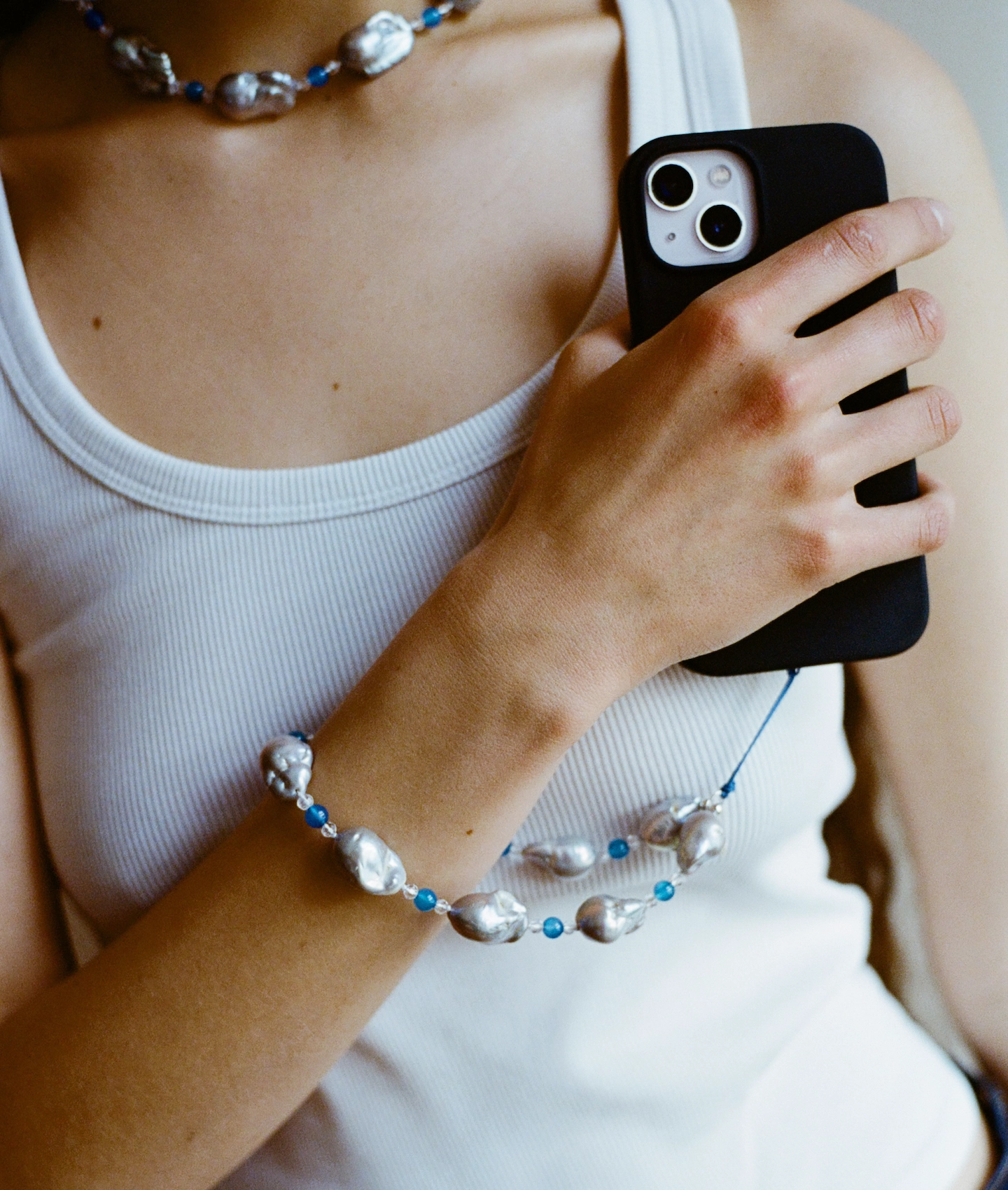 Phone Charm, Wristlet - Baroque Pearl with Beads, Gray