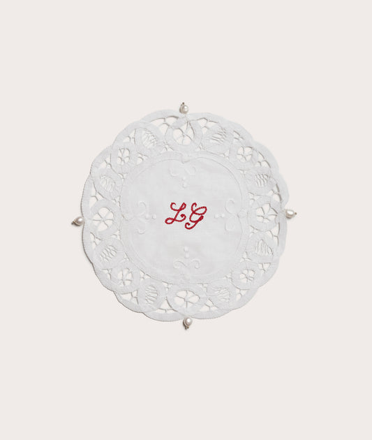 Personalized Lace Doily with Pearls, Round