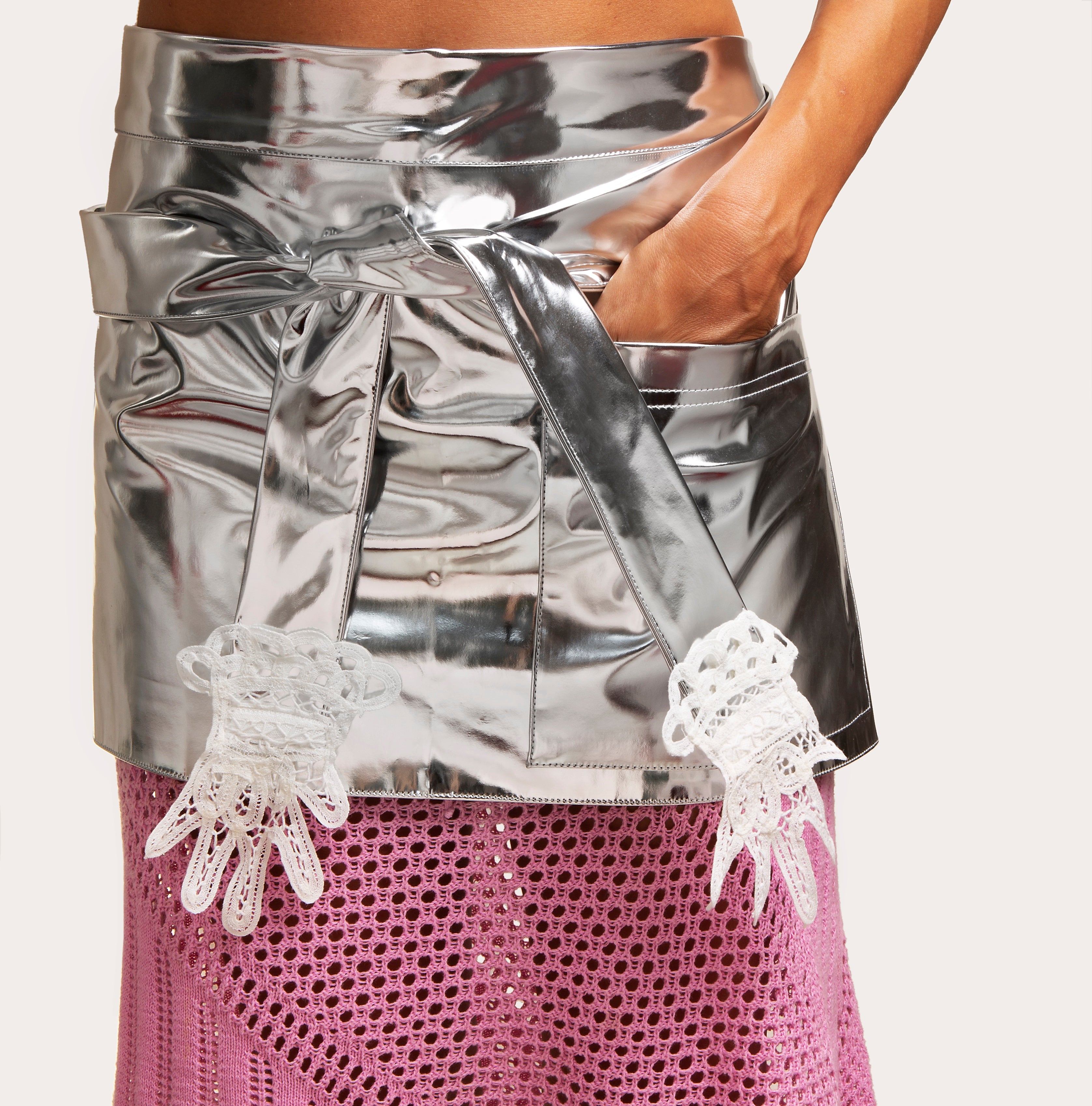 Mini-Apron with Lace Appliqué, Hands - Metallic Silver