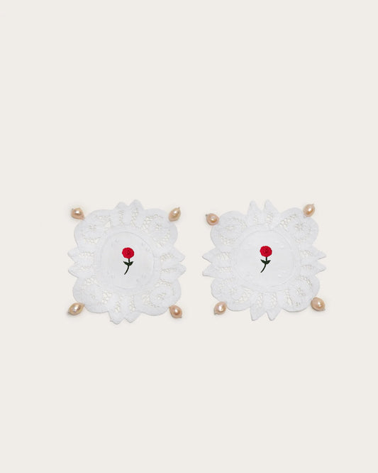 Embroidered Lace Coasters with Pearls, Pair, Gohar World